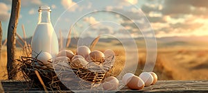 Fresh eggs in a basket on a wooden table with milk bottle, golden wheat field background at sunset