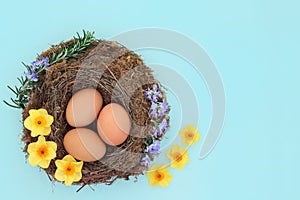 Fresh Eggs in a Bird Nest with Spring Flowers