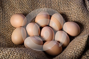 Fresh eggs on burlap close up. Natural protein, poultry farm