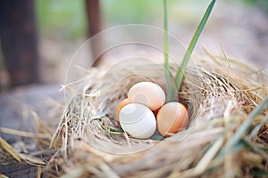 fresh eggs nestled in straw nest