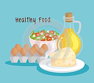 fresh eggs with nutrition salad with olive oil and cheese