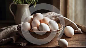 Fresh eggs in a plate in the kitchen natural rustic