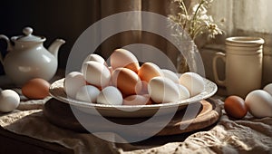 Fresh eggs in a plate the kitchen natural rustic composition organic product rustic