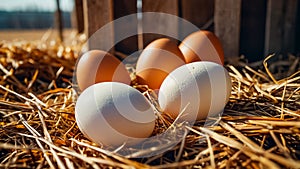 fresh eggs raw, natural in straw