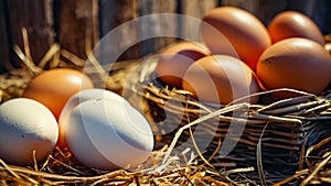 fresh eggs raw, natural in straw barn