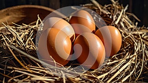 fresh eggs raw, natural in straw sunlight bio