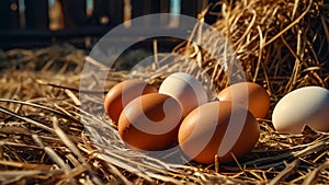 fresh eggs raw, natural in straw sunlight bio group farm