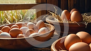 fresh eggs raw, natural straw sunlight bio group farm bowl chicken rural