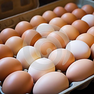 Fresh eggs in a tray. Generative AI