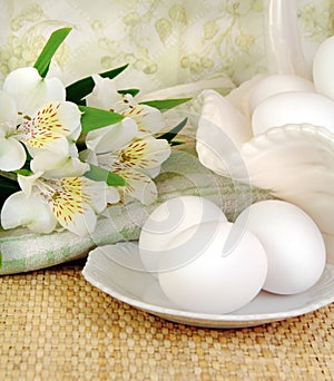 Fresh Eggs With White Flowers