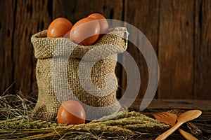 Fresh eggs on wooden background from farm and prepare for cook in kitchen room, Organic food and clean food for healthy