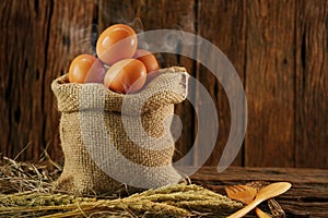 Fresh eggs on wooden background from farm and prepare for cook in kitchen room, Organic food and clean food for healthy,