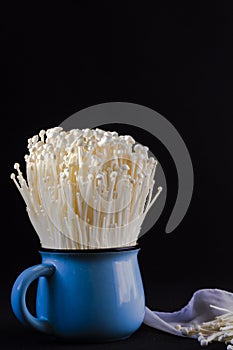 Fresh Enoki Enokitake mushroom in a cup on black background