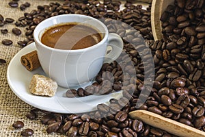 Fresh espresso coffee in white cup with lump sugar, cinnamon and
