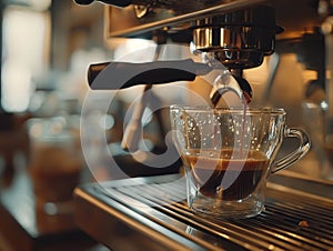 Fresh Espresso Pouring into Glass Cup