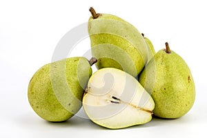 Fresh European pears composition in white background photo