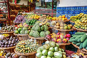 Fresh exotic fruits on famous market in Funchal Mercado dos Lavradores Madeira island, Portugal