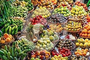 Fresh exotic fruits on famous market in Funchal Mercado dos Lavradores Madeira island, Portugal