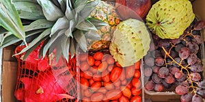 Fresh exotic fruits like anona, pineapple, grapes, dragon fruits sold at the local market photo