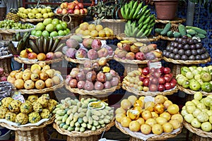 Fresh exotic fruits in Mercado Dos Lavradores. Funchal, Madeira.