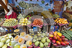 Fresh exotic fruits in Mercado Dos Lavradores. Funchal, Madeira