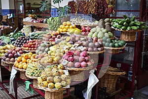 Fresh exotic fruits and spices in Mercado Dos Lavradores. Funchal, Madeira. photo