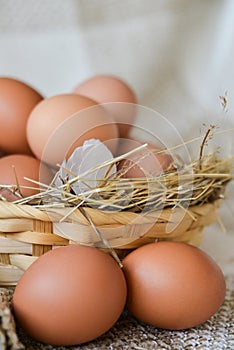 fresh farm chicken egg in the basket on textile background, preparation for Easter