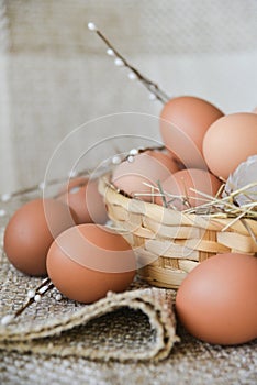 fresh farm chicken egg in the basket on textile background, preparation for Easter