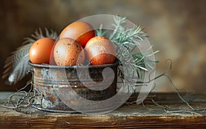 Fresh farm eggs in bucket on wooden rustic table