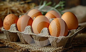 Fresh farm eggs in carton on rustic wooden table