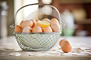 fresh farm eggs in a metal basket