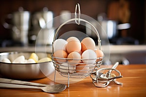 fresh farm eggs in a metal basket