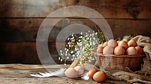 Fresh farm eggs in a rustic basket with wildflowers