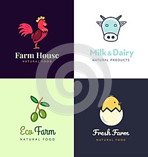 Fresh farm logos set. Vector labels for business with products from chicken meat, milk, dairy, eggs and olives.