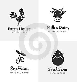 Fresh farm logos set. Vector labels for business with products from chicken meat, milk, dairy, eggs and olives.