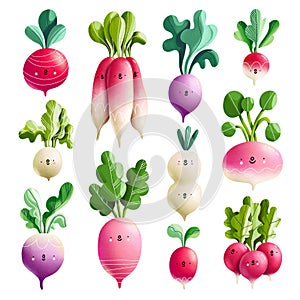 Fresh farm market radish, cute illustration characters collection