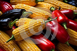Fresh Farm Products - Sweet Corn Cobs, Assorted Peppers, Top View Display at Market
