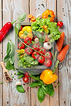 Fresh farm vegetables and herbs on rustic background.