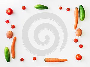 Fresh farm vegetarian and vegan vegetables on white background. Healthy food supermarket banner. Frame layout flat lay
