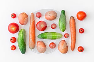 Fresh farm vegetarian and vegan vegetables on white background. Healthy food supermarket banner. Layout flat lay