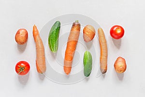 Fresh farm vegetarian and vegan vegetables on white background. Healthy food supermarket banner. Layout. Top view