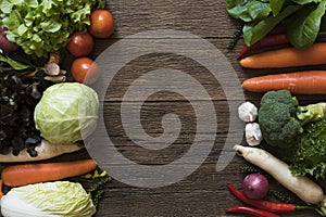 Fresh farmers market fruit and vegetable from above with copy sp