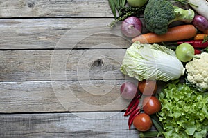 Fresh farmers market fruit and vegetable from above with copy space, healthy food concept