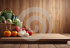 Fresh farmers market fruit and vegetable in wicker basket on wooden table. Copy space and montage. Concept of organic