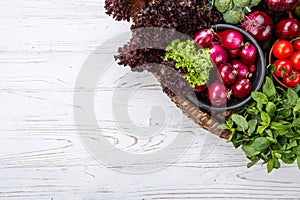 Fresh farmers market vegetable from above with copy space. Healthy Organic Vegetables on a Wooden Background