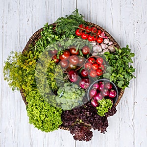 Fresh farmers market vegetable from above with copy space. Healthy Organic Vegetables on a Wooden Background