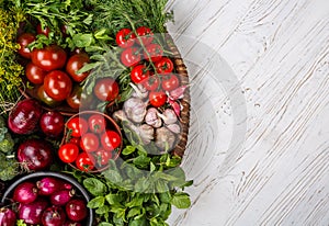 Fresh farmers market vegetable from above with copy space. Healthy Organic Vegetables on a Wooden Background