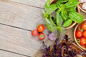 Fresh farmers tomatoes and basil on wood table