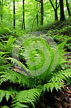 fresh ferns unfurling in a lush green woodland