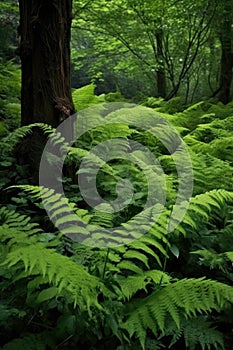 fresh ferns unfurling in a lush green woodland